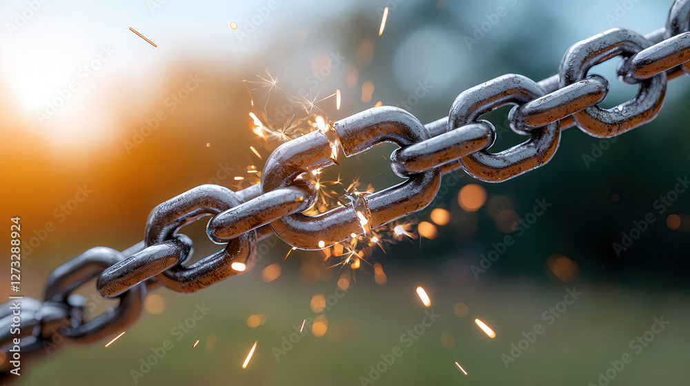 Poster chrome plated chain breaking with sparks flying, showcasing extreme detail and dynamic energy. backg