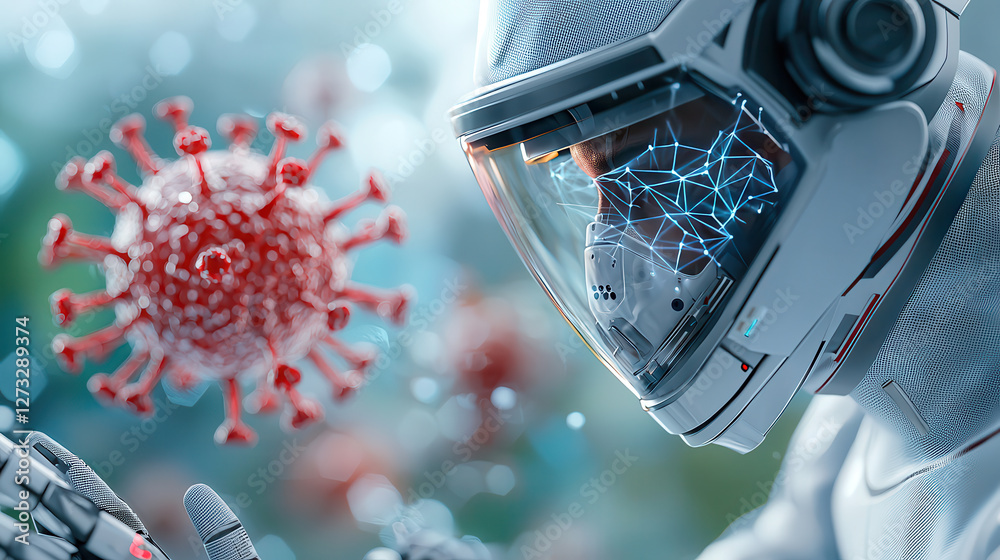 Aufkleber futuristic astronaut in high tech suit examines 3d holographic virus model, showcasing advanced tech