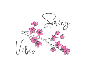 Spring Vibes card, sakura flowers, spring mood, bright colors on a white background. Vector illustration