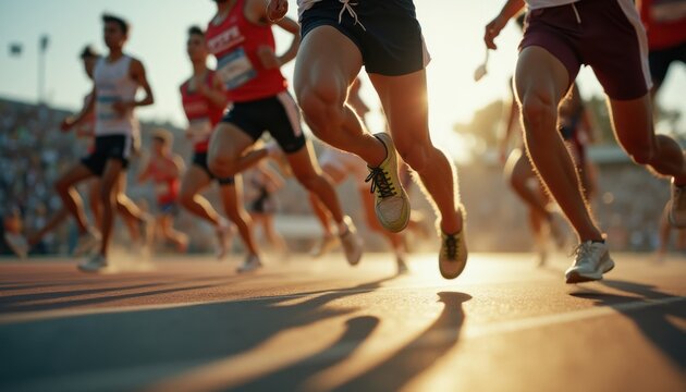 Dynamic low angle shot capturing runners in a race under golden sunlight at a competitive sporting event