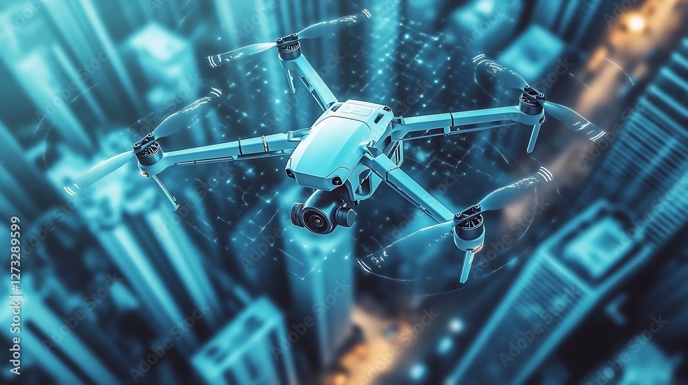 Poster High-tech drone flying over a bustling urban cityscape emphasizing cutting-edge design and functionality : Generative AI