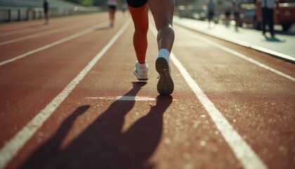 Close up of a powerful leg during a sprint on a track in bright afternoon light