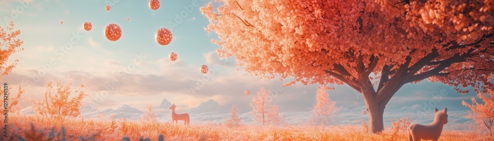 Poster surreal landscape with floating orbs and animals