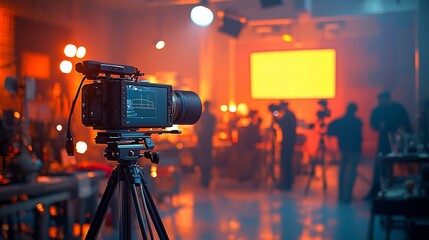 Filmmaking crew shooting a scene in a studio.