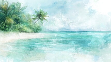 Stunning Watercolor Painting of a Serene Beach with Palm Trees and Gentle Waves Under a Bright Blue Sky