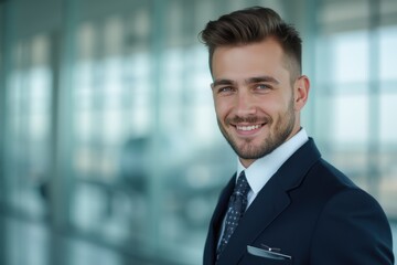 Fototapeta premium Head and shoulders Portrait of an elegant stylish Moldovan young male flight attendant in uniform.