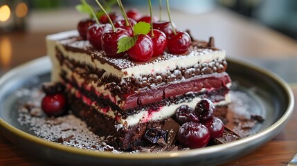 A decadent Black Forest gateau with cherry-chocolate layers, no shadows The cake is the highlight, with no text, logo, signature, human body, people, or plants, 