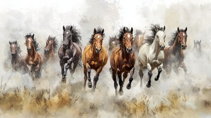 Fototapeta premium A Vibrant Watercolor Painting of Majestic Horses Running Freely Through a Lush Green Field