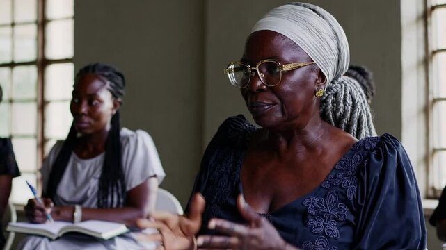 A medium shot video captures a thoughtful discussion among diverse women in a room, highlighting expressions and engagement in a candid style.