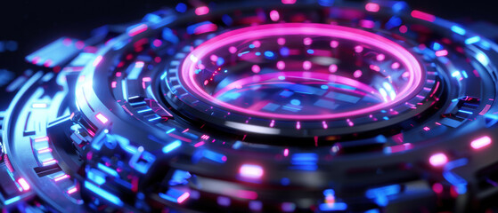 Futuristic circuit design with glowing neon elements.