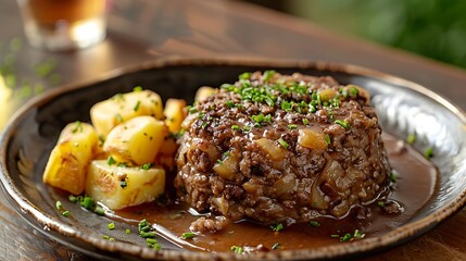 Traditional Scottish haggis served with neeps and tatties, no shadows The dish takes center stage, with no text, logo, signature, human body, people, or plants, 