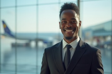 Fototapeta premium Head and shoulders Portrait of an elegant stylish Mozambican young male flight attendant in uniform.