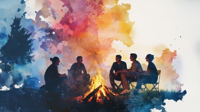 A Cozy Gathering of Friends Enjoying Warmth and Connection Around a Glowing Fire in a Watercolor Painting