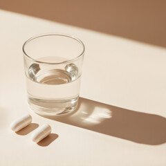 Glass of water and white capsule pills casting long shadows in warm sunlight on beige surface, minimalist medical composition. Generative AI