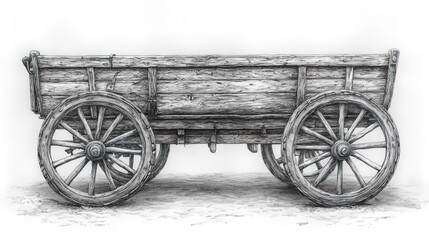 Fototapeta premium Vintage wooden wagon illustration; detailed drawing of antique cart; isolated on white background; depicting rural scene