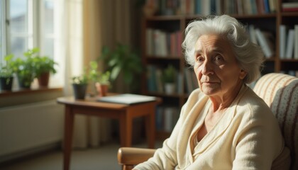 Elderly woman sitting comfortably in a cozy living room, illuminated by sunlight streaming through the window