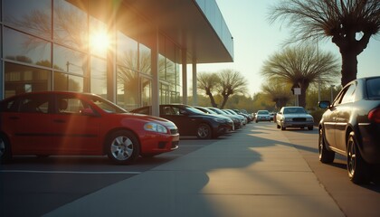 Obraz premium Dynamic low angle shot of a row of vehicles reflecting sunlight in a parking lot during late afternoon