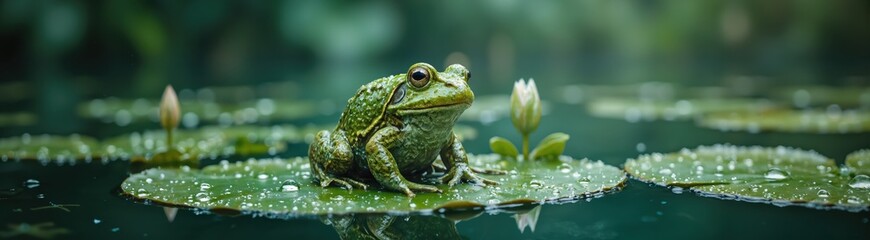 Close-up of a green frog sitting on a lily pad covered in water droplets. Wildlife photography of amphibians. Freshwater ecosystem and biodiversity concept. World Aquatic Animal Day.