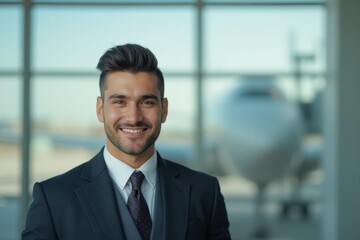 Head and shoulders Portrait of an elegant stylish Omani young male flight attendant in uniform.