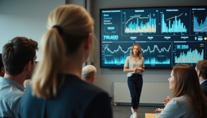 Engaging business presentation with data analysis and team interaction in a modern conference room in the afternoon