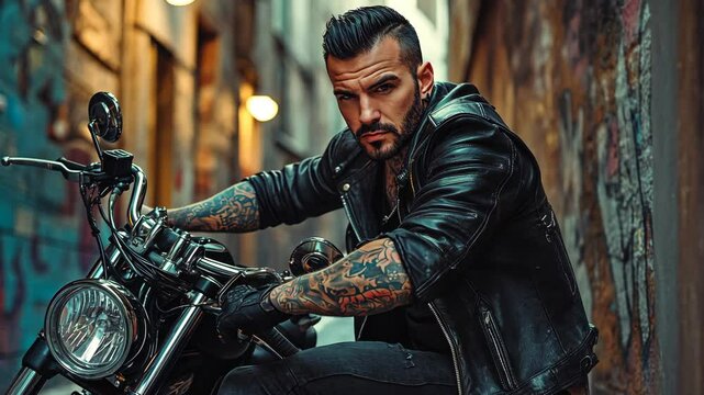 A rugged tattooed biker in a black leather jacket sits on a custom motorcycle in a dimly lit urban alley