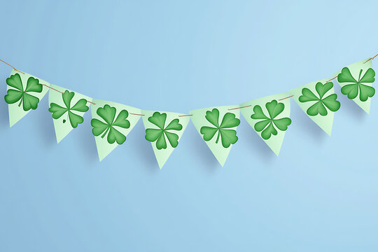 Colorful green four-leaf clover bunting decoration against a light blue background for celebrations