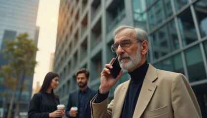 Elderly man engaged in conversation on his smartphone in an urban setting during sunset