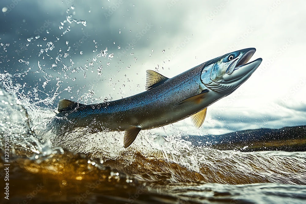 Aufkleber fierce salmon bursting from the depths creating a spectacle of water and sky in nature : generative 