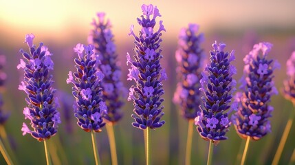 Naklejka premium Lavender Flowers Blooming at Sunset Golden Hour
