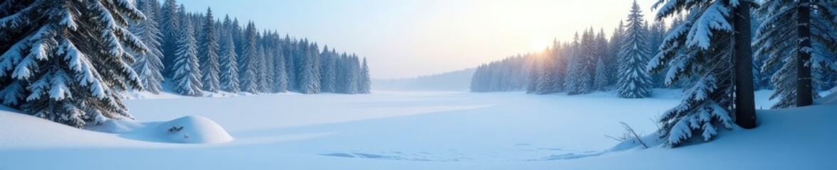 Fototapeta premium A frozen lake nestled among tall evergreen trees and snow drifts, forest, trees