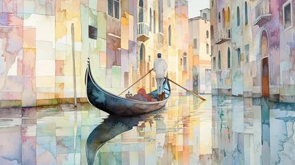 Fototapete Captivating Watercolor Depicting a Gondolier Serenely Paddling through a Picturesque Venetian Canal © J. Thamanoon