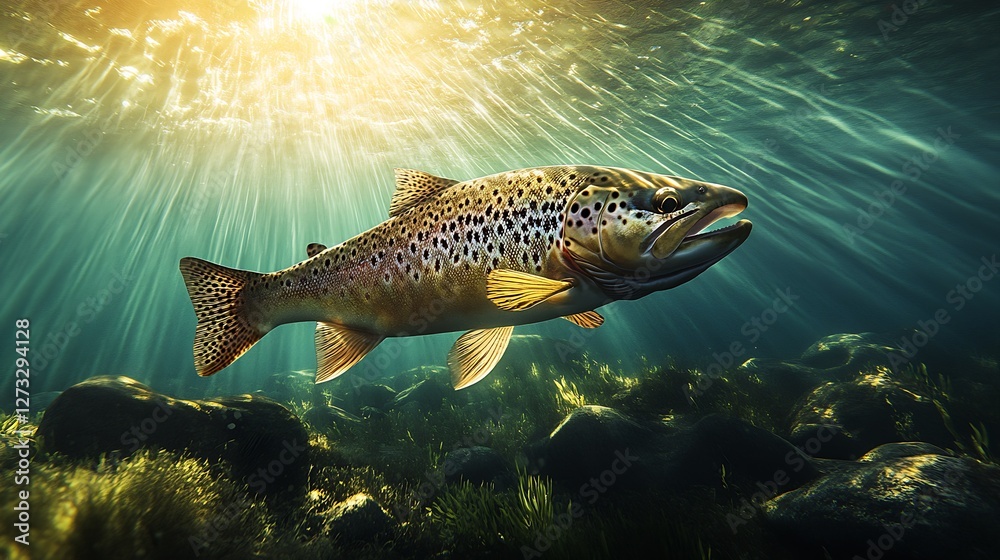 Poster brown trout swimming towards the surface in a river with sunlight beaming through the water : genera