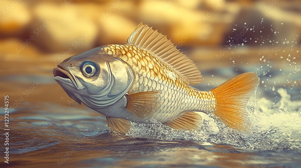 Poster vibrant fish leaping out of water creating splash in sunny natural environment : generative ai