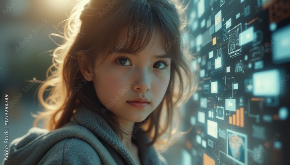 Aufkleber creative double exposure effect blending a young girl and digital data visuals in an urban setting d