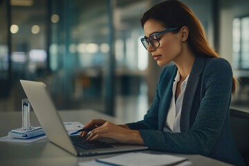 Female scientist conducts data analysis on laptop in modern laboratory environment