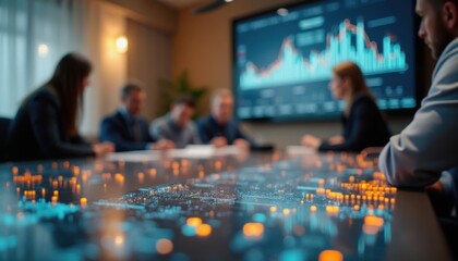 Boardroom meeting with high-tech interface showcasing data analytics and business strategies in a corporate environment