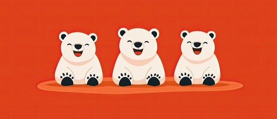 Naklejka premium Three cheerful cartoon polar bears sit on an orange background, each displaying a joyful expression, creating a fun and playful atmosphere.