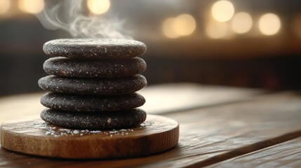 Obraz premium Stacked dark cookies, steaming, wooden board, blurred lights background