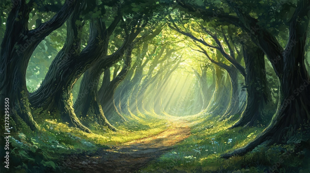 Aufkleber Sunlight streams through a lush forest path tunnel view