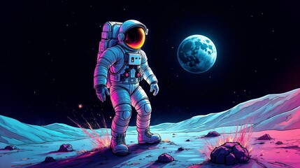 Obraz premium Astronaut explores an asteroid surface under a starry sky with vivid colors and a bright moon illuminating the landscape during a futuristic adventure