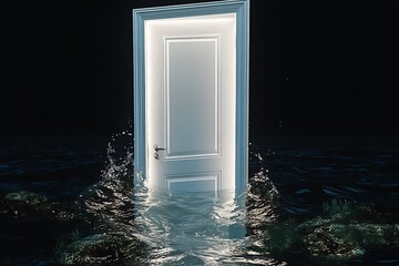 Striking visual of a white door half-submerged in water with a vibrant glow at night : Generative AI