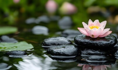 Fototapeta premium spa background with black stones and pink lotus flower on green bamboo branch, Generative AI