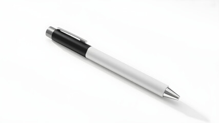 A sleek, modern pen mockup lying on a white surface with soft shadows. The pen barrel is blank, allowing space for a logo or custom branding