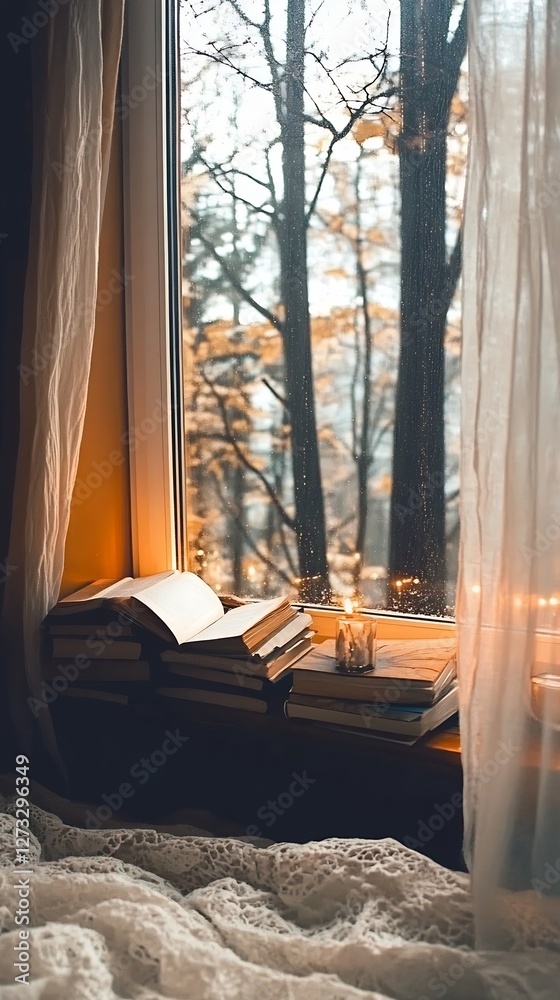 Aufkleber Books stacked by a rainy window with warm lights creating a serene reading atmosphere : Generative AI