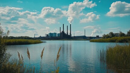 Industrial complex stands behind the body of water landscape