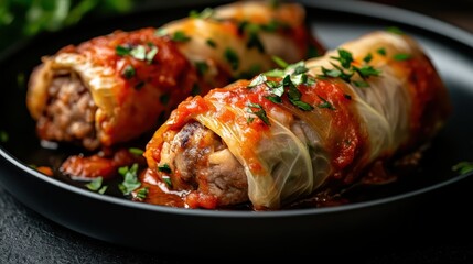 These cabbage rolls are filled with a savory mix of meat and rice, topped with rich tomato sauce and garnished with fresh herbs, showcasing culinary tradition and taste.