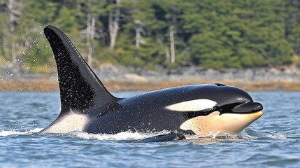 Fototapeta premium Orca whale surfacing in ocean water, near a forested shore.