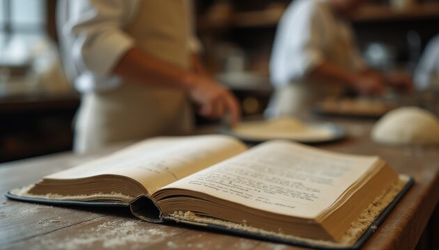 Handwritten recipe in a cozy kitchen as a baker prepares ingredients for a delightful dish from a historic recipe book