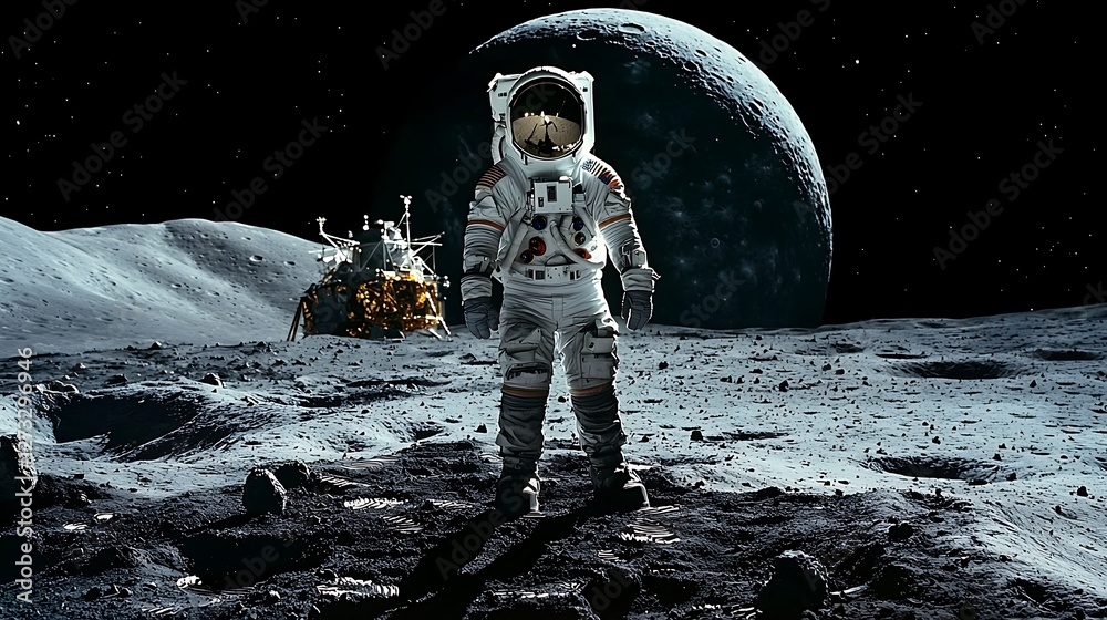 Poster astronaut on moon observing the earth in background, landing module, space exploration