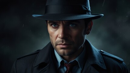 Design a cinematic digital painting of a Martian detective: shadowed face, fedora, trench coat, gun in hand, deep blues, muted grays, evoking mystery and noir vibes.